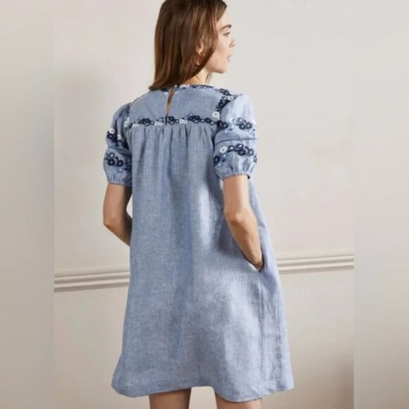 Boden 100% Linen Embroidered Puff Sleeve Dress - Picture 3 of 8